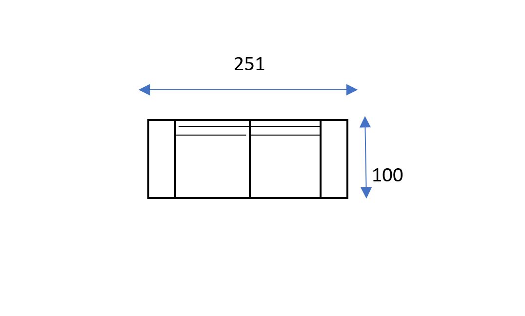 Un diagrama rectangular con dos secciones interiores, con un ancho de 251 y una altura de 100, representa la disposición de la exposición del Sofá Prince.