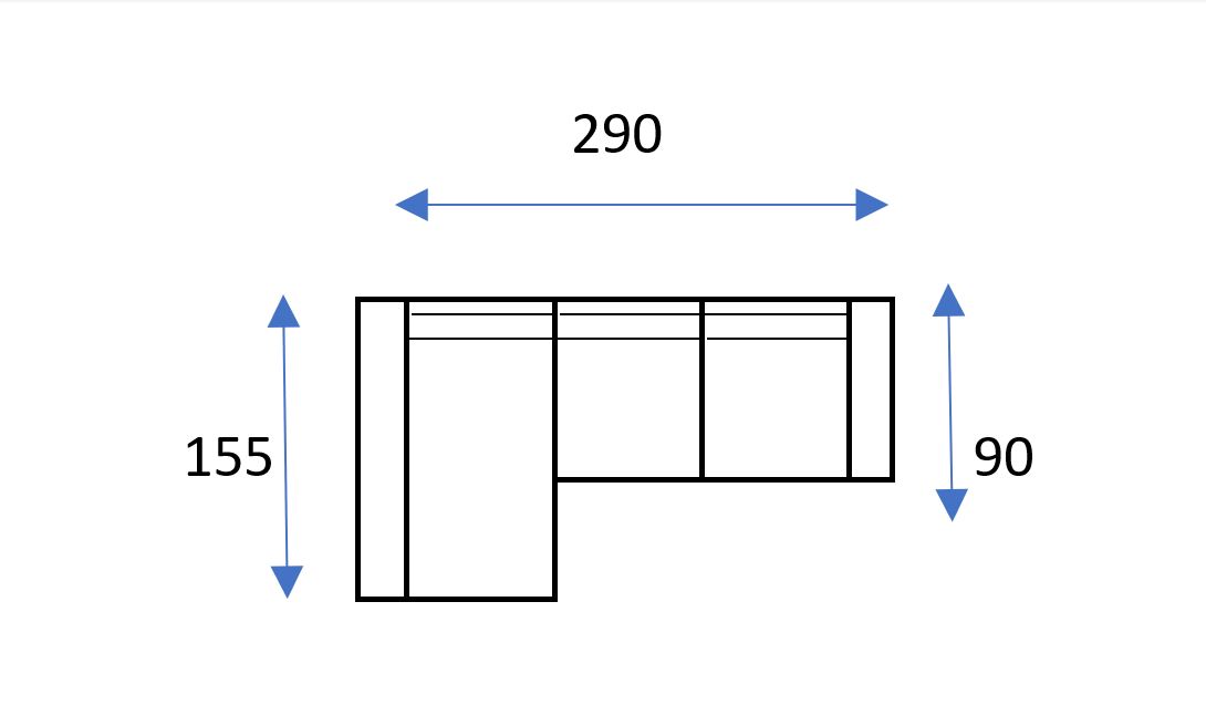 Contorno negro de una exposición Sofá Robinson en forma de L, con dimensiones etiquetadas: 290 (ancho), 155 (lado izquierdo) y 90 (lado derecho); ideal para diseños de exposiciones.