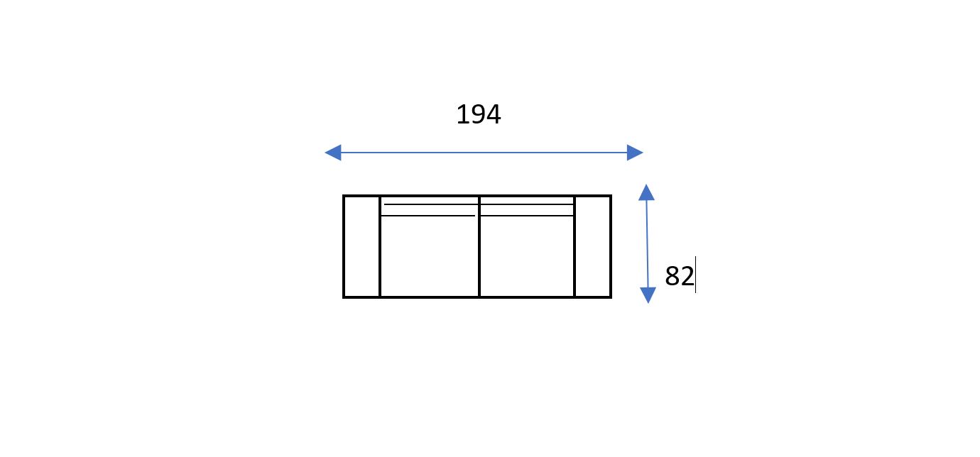 Se muestra un componente rectangular de la Sofá Yaiza (copia) con las dimensiones marcadas: anchura 194 unidades y altura 82 unidades, indicadas con flechas de doble punta y etiquetas numéricas.