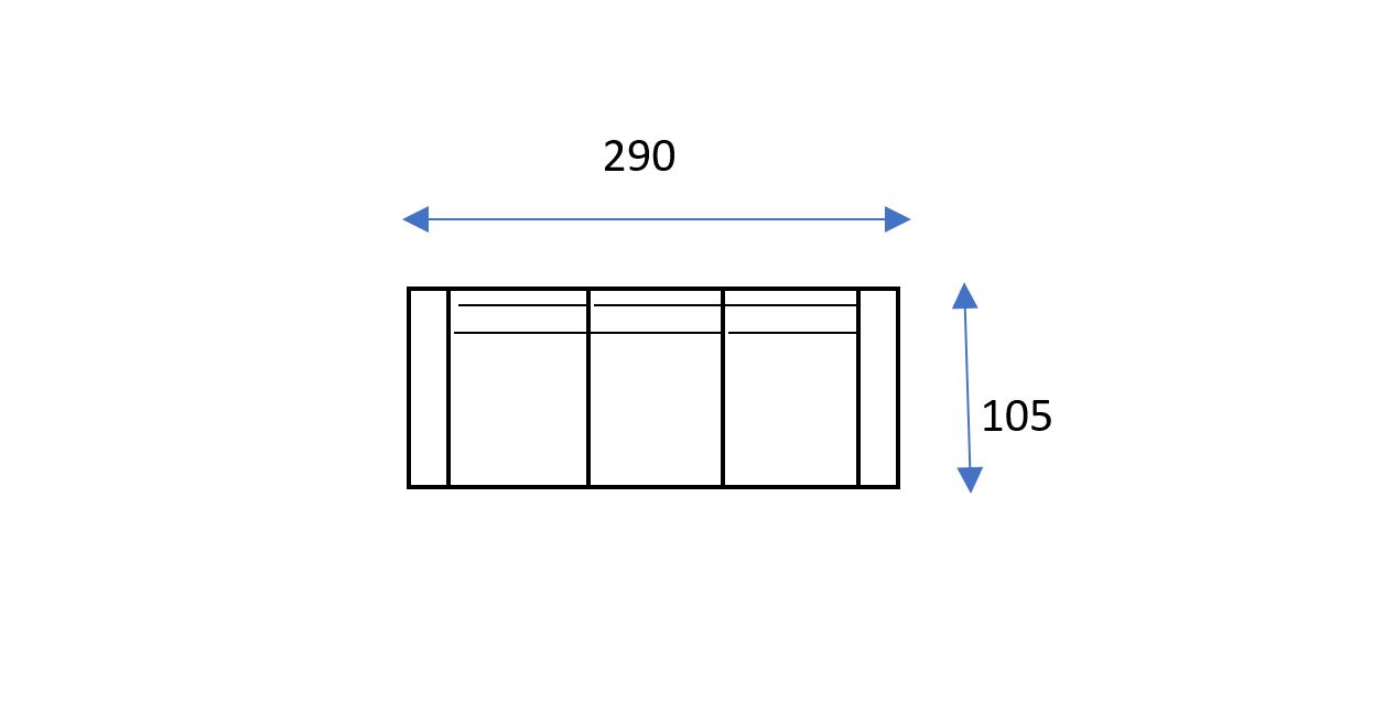 Un diagrama rectangular con tres secciones verticales, que recuerda al Sofá Darwin Express. Las flechas azules indican que la anchura es 290 y la altura 105.