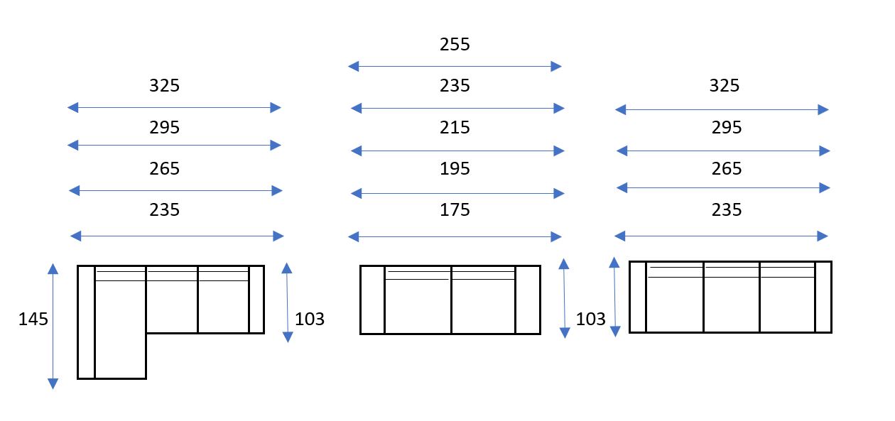 Diagrama que muestra las vistas frontal y lateral del sofá seccional Sofá Marsal, con cada sección etiquetada con las medidas de anchura y altura en centímetros.
