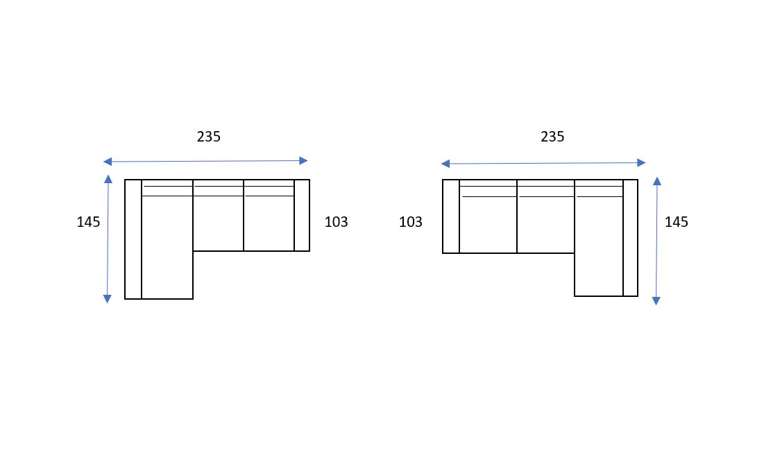 Dos disposiciones en L con Sofá Marsal EXPRESS: cada una mide 235 unidades de ancho, 145 unidades de alto en una dirección y 103 unidades de alto en la otra, con dimensiones claramente etiquetadas para facilitar la referencia.